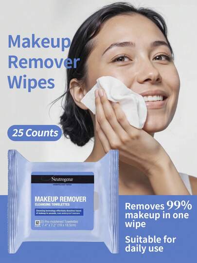  Neutrogena 温和深层清洁卸妆湿巾，25 片装，不含酒精，温和配方，柔软亲肤，轻松卸除防水彩妆，不留残留，适用于眼部、唇部和面部，方便日常使用及通勤携带。