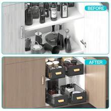 Paquete de 2 organizadores extraíbles fijos con nanopelícula adhesiva, cesta deslizante para gabinetes de cocina, despensa de baño, 12.2 pulgadas de ancho x 17.3 pulgadas de profundidad x 6.2 pulgadas - Negro 2pcs - Ver 7