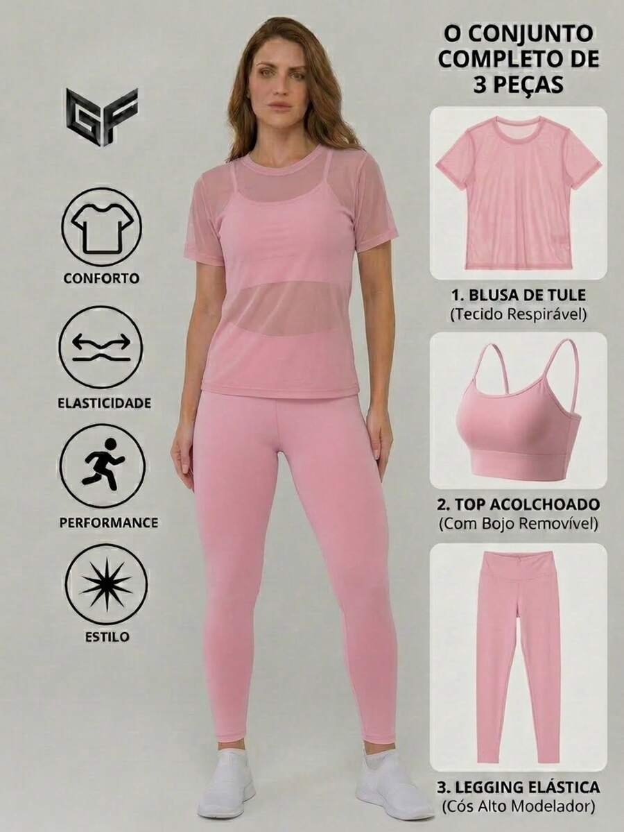 Women's 3-Piece Fitness Kit - Tulle Blouse + Padded Top + Leggings - Women's 3-Piece Gym Set – Tulle T-Shirt + Padded Top + Leggings - Baby Pink - View 1