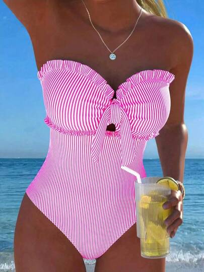 New Fashionable Elegant Striped Lace Ruffle Bust Bow Detachable Strap One-Piece Swimsuit Beach, Pool Party, Vacation Pink