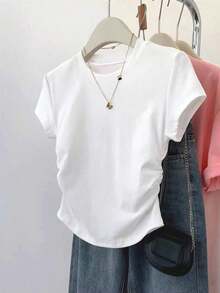 Set de 3 piezas de tops para mujer para exteriores, en color champán, marrón moca y negro, nuevas llegadas de verano, camiseta ajustada con pliegues, de moda y versátil, con estilo callejero fotogénico, imprescindible, de vuelta al colegio, que lla - Multicolor 7 - Ver 5