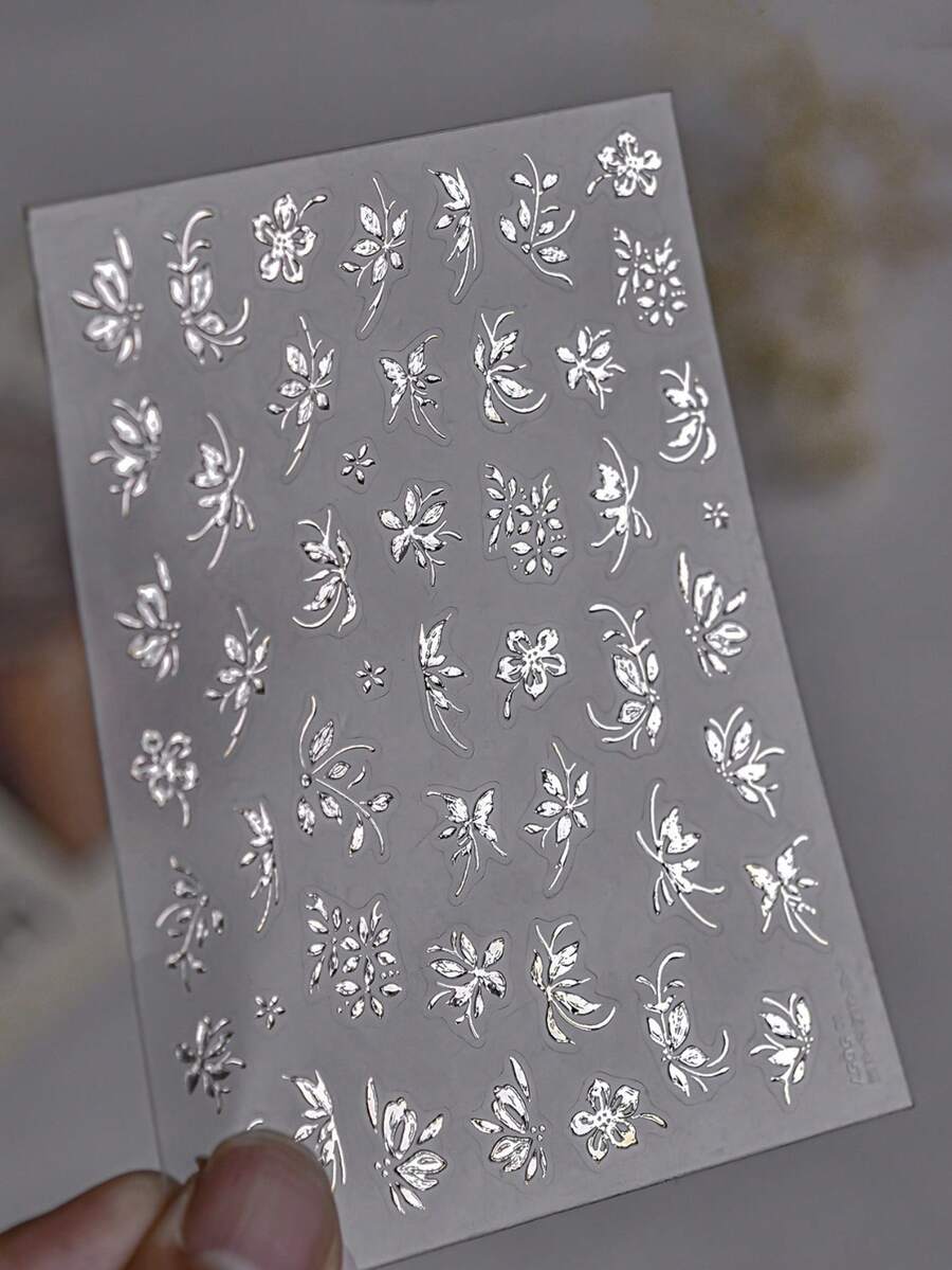 1片 5D 浮雕銀色花瓣美甲貼紙，優雅葉片裝飾美甲貼紙 - 銀色 - 查看 1