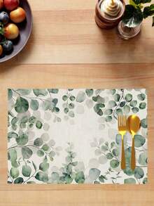 4Pcs Green Watercolor Eucalyptus Leaf Placemats With Gold Lines. Farmhouse Heat-Resistant Placemats For Terrace Round Tables, Holiday Parties, Kitchens, Home Dining Tables, Tea Parties, Etc. - Pastel Green - View 6