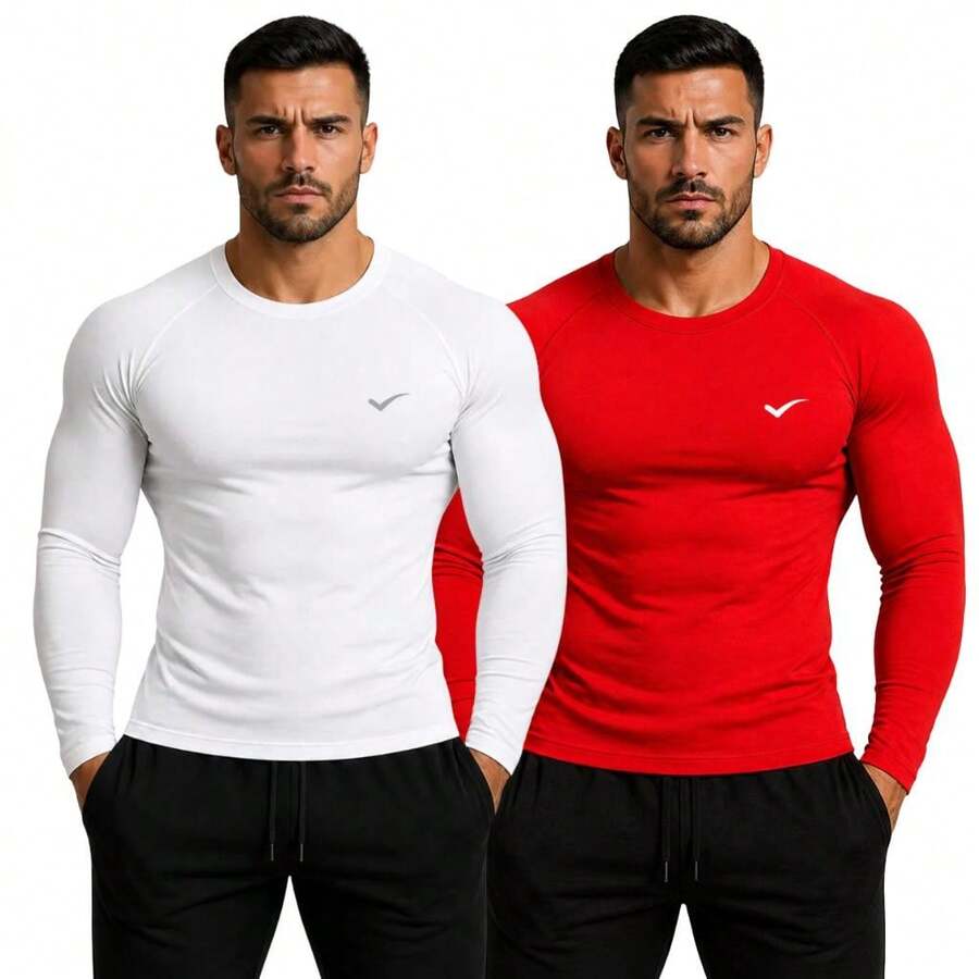 Kit Of 2 Thermal UV 50+ Base Layer Shirts/T-Shirts/Cool Mesh Shirts For Gym And Sports - 白色和紅色 - 查看 1