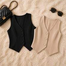 Women's Vest Set With Covered Buttons - Black and Beige - View 3