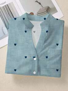 Camisa de mujer de manga larga con botones y bolsillos, con estampado romántico de corazones, adecuada para otoño, invierno y primavera - Azul marino - Ver 5