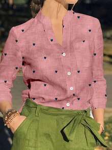 Camisa de mujer de manga larga con botones y bolsillos, con estampado romántico de corazones, adecuada para otoño, invierno y primavera - Rosa - Ver 2