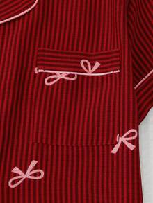 2 piezas Conjunto de pijama de mujer con top de cuello polo de manga corta con estampado de rayas y lazo, y shorts con lazo, cómodo, para primavera/verano - Rojo - Ver 5