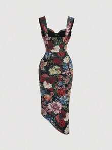 Vestido elegante de mujer con malla de terciopelo con estampado floral y abertura, Vestido negro de graduación, Vestido de mujer, Vestido de bruja, Vestido de vampiro, Vestidos elegantes de mujer, Atuendo del Día de los Muertos, Gótico - Multicolor - Ver 2