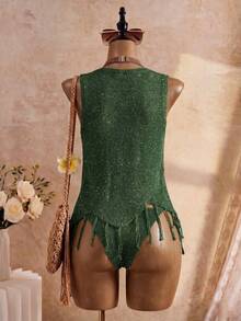 Damen elegante ärmellose Rundhals Top mit Pailletten Dekor und Fransen Saum, locker gestrickt für den Sommer - Dunkelgrün - Übersicht 3