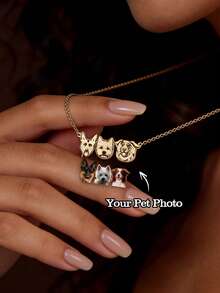 1pc Personalized 1-4 Pet Engraved Cat Dog Portrait Necklace, Gold Plated Stainless Steel Thin Chain, Pet Mom Style - Gold - View 3