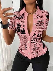 Blusas elegantes para mujer, moda de verano, estampado de periódico, camisa de manga corta con una hilera de botones, Tops informales con cuello en V - ST25014 Caqui - Ver 3