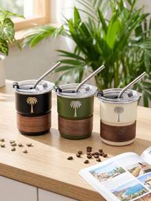 300ml Stainless Steel Coffee Cup, Palm Tree Pattern Coffee Mug, Iced Americano Cup, Outdoor Camping Water Bottle, Tea Cup, Suitable For Personal Use And Gift Giving - Multicolor - View 2