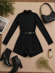 Conjunto Feminino Body Suplex Manga Longa + Short Alfaiataria Cintura Alta com Cinto Moda 2026 - Preto/Preto - Visão 3