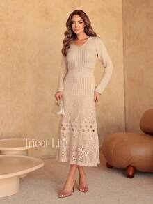 Elegant Women's Midi Knit Dress With Long Sleeves And Lace, Mermaid Style, Ideal For Winter Parties, Shapes The Body. - 沙 - 查看 10