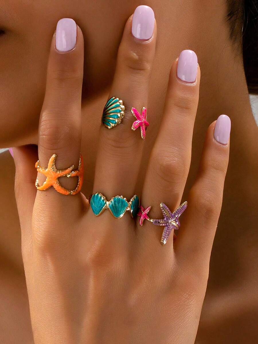Bộ 4 chiếc nhẫn phong cách Bohemian lấy cảm hứng từ vỏ sò và sao biển, thích hợp cho kỳ nghỉ biển. - Vàng - Xem 1
