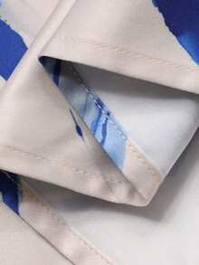 Conjunto de 2 piezas de verano con top de cuello drapeado de unicolor elegante y falda evasé con estampado floral contrastante para mujer - Azul - Ver 7