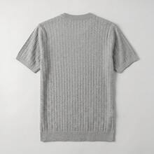 Men's Solid Color Textured Knit Short Sleeve T-Shirt, Retro Style Round Neck Business Casual Pullover Sweater Top For Summer - Light Grey - View 3