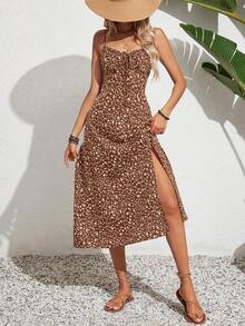 Vestido camisero casual a media pierna con lazo delantero a cuadros para mujer - Cafetería - Ver 5