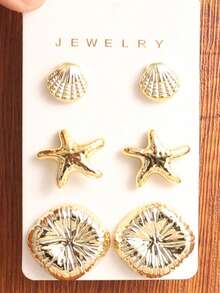 Juego de 2-12 piezas de pendientes con estilo bohemio de conchas, estrellas de mar y caracolas doradas, elegantes y versátiles, adecuados para mujeres en todas las estaciones, el mejor regalo para mamá o novia - Multicolor - View 4