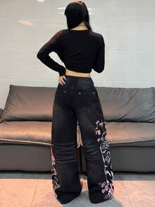 1 pieza Jeans anchos de mezclilla con bordado desgastado y ajuste holgado de estilo casual para mujer, pantalones versátiles de estilo callejero estadounidense para todas las estaciones (cinturón/accesorios no incluidos) Negro - Negro - Ver 6