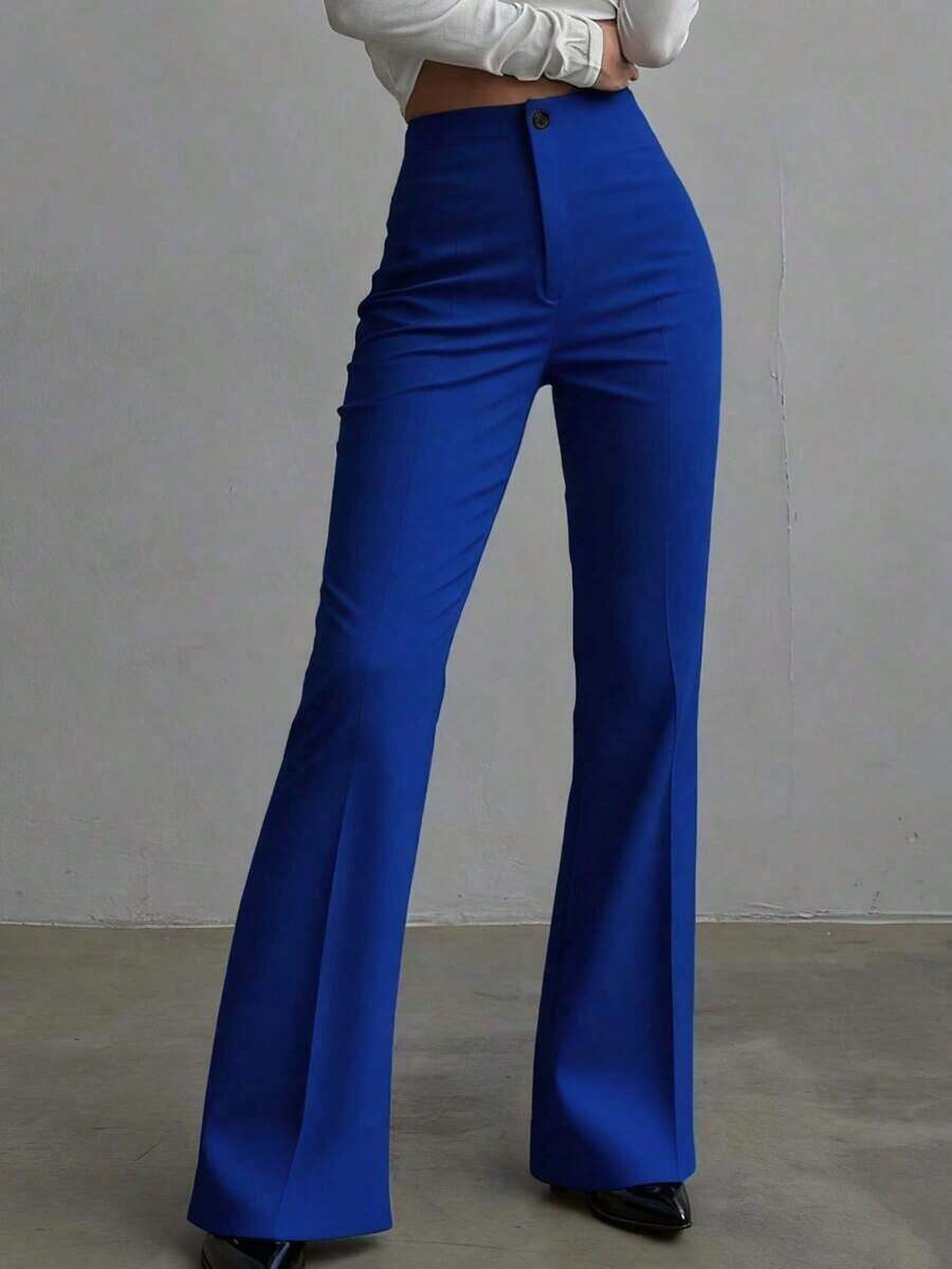 Pantalones rectos de talle alto de color negro sólido, elegantes y casuales, adecuados para uso diario, oficina, traslados, hogar, citas, pequeñas fiestas, eventos sociales ligeros en primavera - Azul - Ver 1