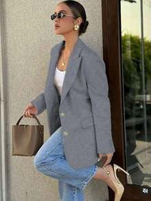 Chaqueta casual de mujer con solapa con muesca y botones, elegante y de moda, adecuada para ir al trabajo y uso casual diario en primavera - Gris Claro - Ver 7