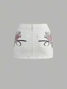 Babe Slim Fit Butterfly Embroidered Sexy Low Waist Bodycon Mini Skirt - Blanco - Ver 6