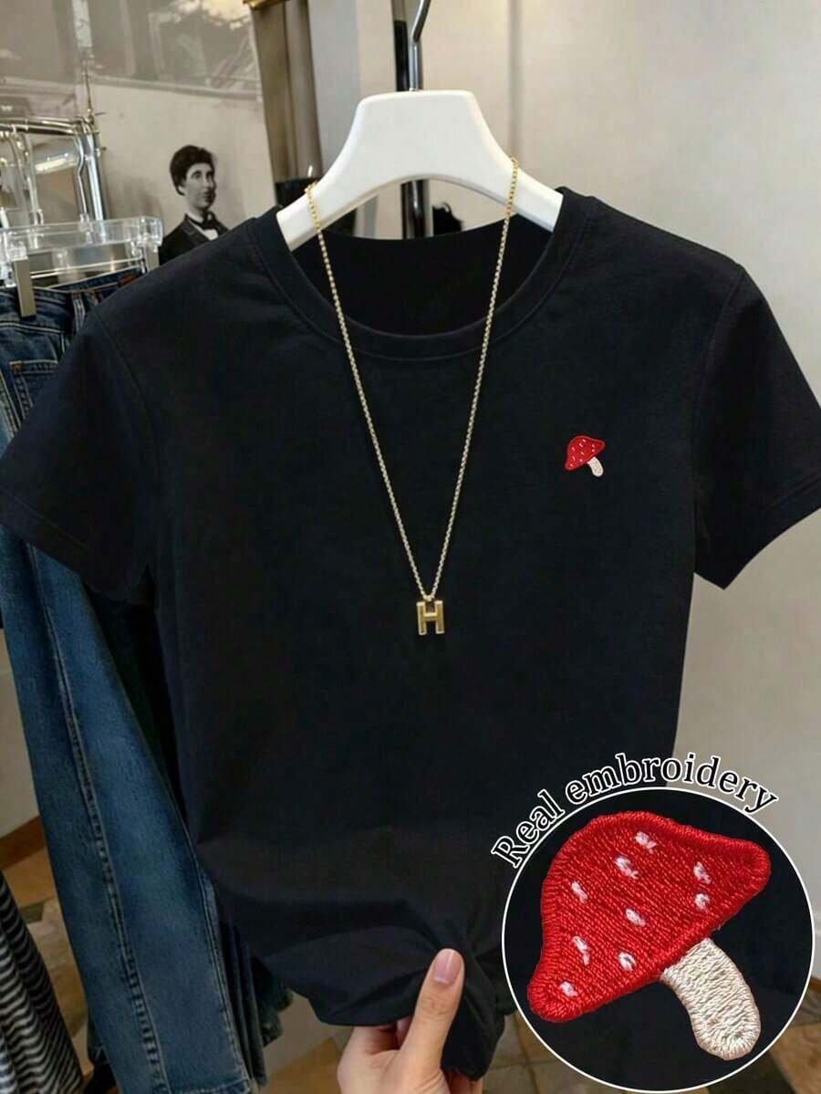 Camiseta de mujer de manga corta y cuello redondo con bordado casual de perro salchicha, versátil playeras de mujer algodon - Estilo - Ver 1