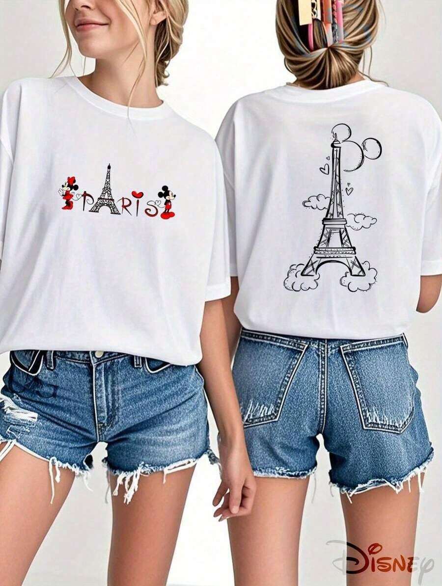 Disney (Loose Version)Stylish Women's Round Neck Short Sleeve Cotton T-Shirt With Cartoon Paris Eiffel Tower Print Regular Length Short-Sleeved Round Neck Casual Shirt Necessary In Summer, Suitable For Summer And Spring, Holiday Gift Party Clothing, Ladies' Clothing.-- Disneys Disneyland Paris The Magic Kingdom Disneyesque The House Of Mouse Mickey Mouse Empire Modest Summer Outfits Take That T Shirt Summer Coord Tops For Women Summer Summer Clothes Women Summer Clothes Summer Tops Summer Tops Women Summer Co Ord Summer Top Summer Outfits White Top Black Top Holiday Outfits For Women  Tops For Women Summer Holiday Gifts Valentine's Day Gifts Earth Day Gifts Oktoberfest Gifts Summer Bank Holiday Gifts - 白色 - 查看 1