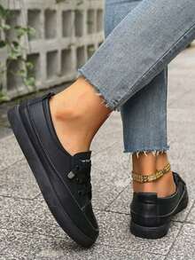 1 Pasang Sepatu Sneakers Kasual Kulit Nyaman untuk Wanita, Serbaguna untuk Olahraga & Aktivitas Luar Ruangan - Hitam - View 5