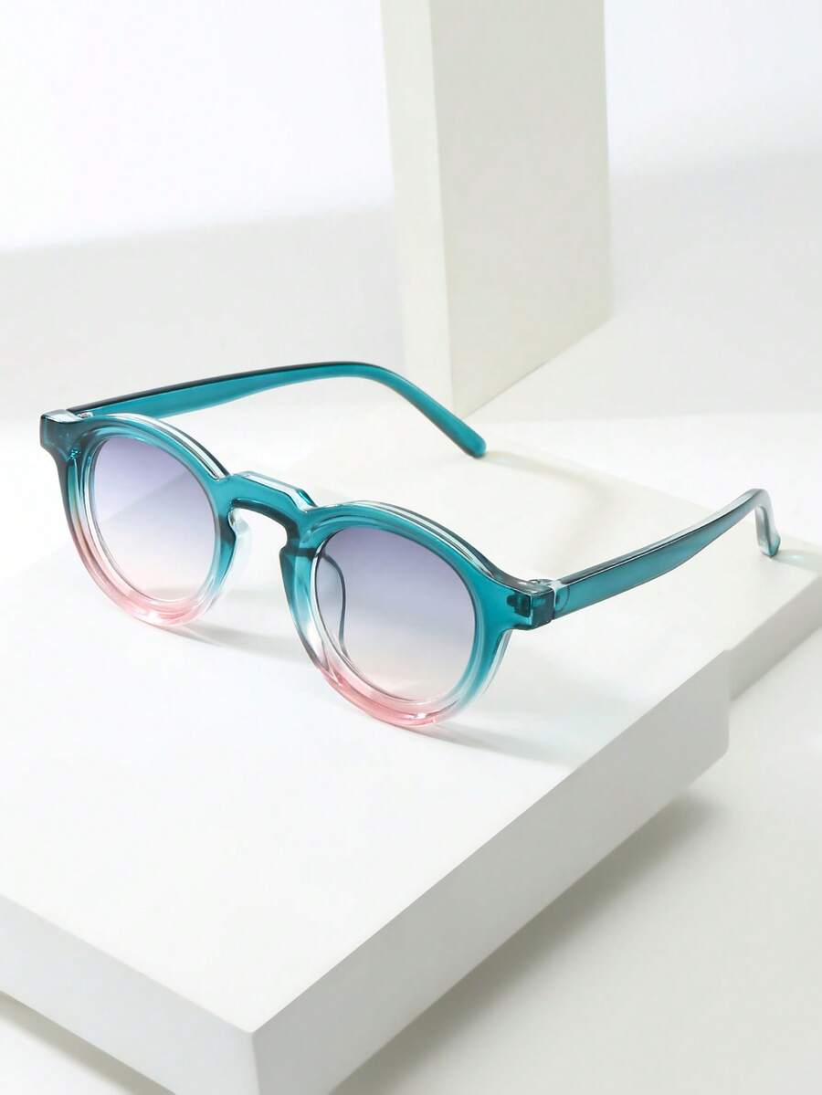 1 chiếc kính gọng tròn nhỏ kiểu retro unisex, thiết kế tối giản, cá nhân hóa, phù hợp cho tiệc tùng, du lịch, đi biển và sử dụng hàng ngày. - Màu xanh lá cây ở trên, màu hồng ở dưới, viền màu xanh dương và vàng. - Xem 1