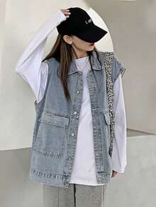 Áo khoác denim nữ, kiểu dáng thời trang, áo khoác không tay dáng rộng cho mùa thu. - Màu xanh lam - Xem 2