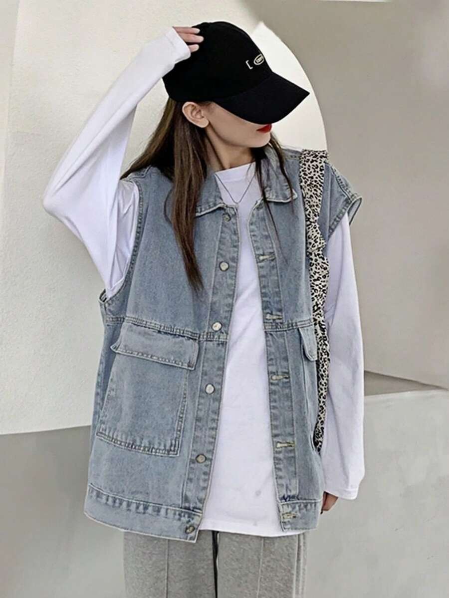 Chaleco vaquero para mujer, prenda de capa de moda, chaqueta sin mangas de corte holgado para otoño - Azul - Ver 1