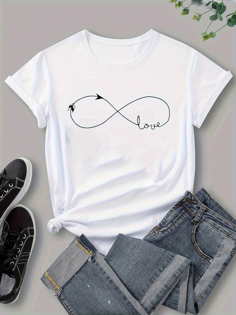 Short Sleeve T-Shirt With Infinity Symbol And Love Print, Casual Round Neck T-Shirt For Women - White - View 1
