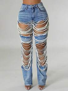 Women's Sexy Tight Elastic Tear Pearl Decoration Jeans Blue Pants-Y2K Streetwear Pants For Party Nightclub & Festival,Going Out,Concert,4th Of July. - 藍色 - 查看 3
