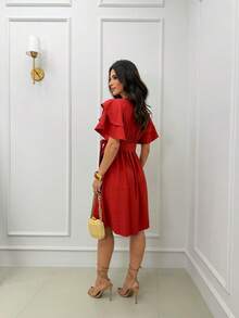 Short Midi Dress With Puff Sleeves, Ruffles, Layers, Party Skirt, Elegant, Evangelical Style. - 亮橙色 - 查看 2