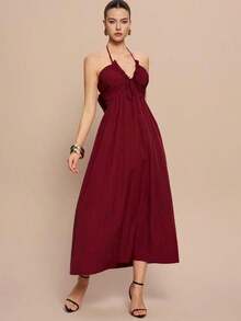 Vestido línea A con escote halter, cordones y espalda descubierta - Rojo 2 - Ver 5