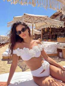 Bonvoyette Conjunto de bikini de flores 3D tejido, atuendo sexy para fiesta de playa y piscina, adecuado para vacaciones, Año Nuevo, Navidad, verano - Blanco - Ver 4