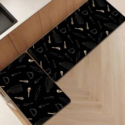 1pc Minimalist Cartoon Kitchen Utensil Pattern Linen Kitchen Rug, Bathroom Mat, Doormat, 3D Printed Rectangle Carpet For Living Room, Bedroom, Hallway, Bathroom, Laundry Room - Polyester Carpet For Indoor And Outdoor Home Decor