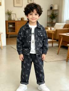 Bộ 2 món áo khoác denim và quần cho bé trai, phù hợp mặc thường ngày, đi học và hoạt động ngoài trời - Xám - Xem 8