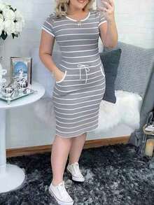 Vestido camisero casual de mujer con rayas, manga corta, cintura con cordón y bolsillos, elegante para el verano - Gris - Ver 4