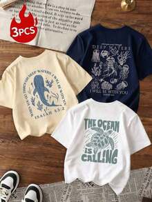 Single Garment Set, Not A 3-Piece Set. 1 Piece/Set Of Short-Sleeved T-Shirts Suitable For Streetwear. Oversized Round Neck Top For Daily Outings, Camping, Concerts, Hip-Hop, Rock, And Rap Events. Women's Short-Sleeved T-Shirts With Round Neck, Graphic Print Of Letters, Sea, Turtle, Dolphin, And Jellyfish In Various Colors. Versatile And Practical, Suitable For Women's Blouses, Vacations, And Spring And Summer Wear. - 白色 - 查看 10