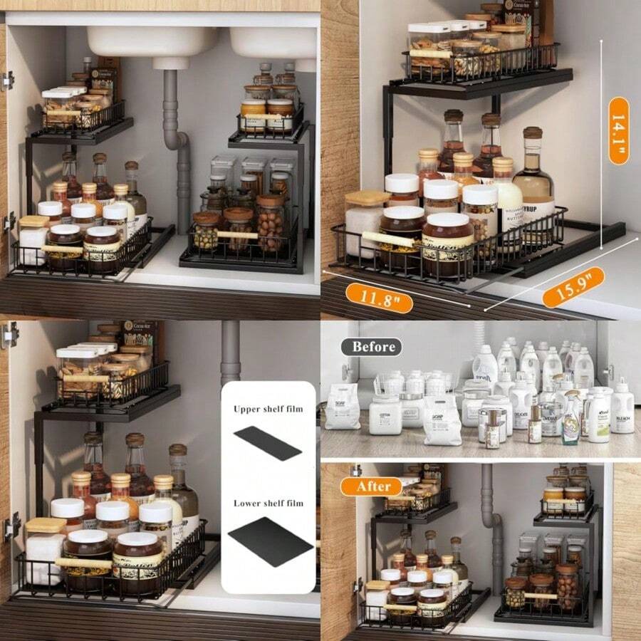 2 Paquetes Organizador Bajo del Fregadero con Deslizamiento Ajustables, Estante Organizador de Fregadero Cocina y Baño Extraíble para Gabinete 2 Niveles, Cajón Deslizante Metal, Especieros - 2 Piezas - Ver 1