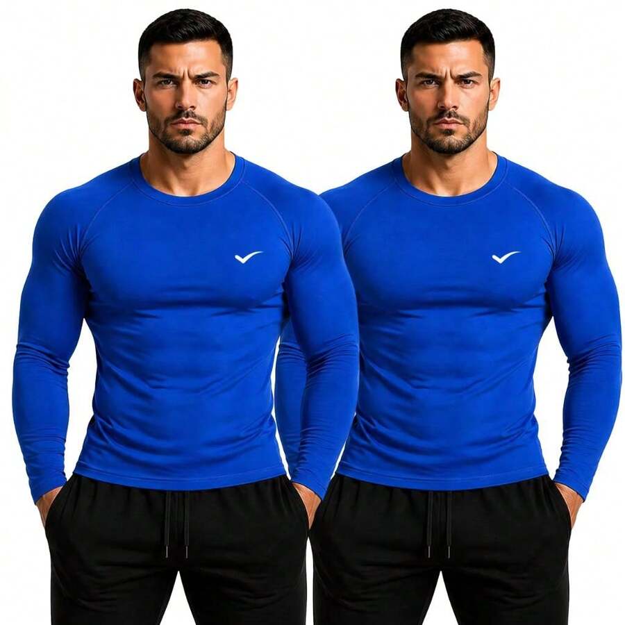 Kit Of 2 Thermal UV 50+ Base Layer Shirts/T-Shirts/Cool Mesh Shirts For Gym And Sports - 2 皇家藍 - 查看 1