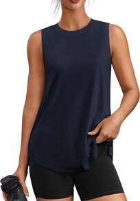 PINSPARK Workout Tops For Women Sleeveless Athletic Tank Tops UPF 50+ Running Tanks With Side Slits Loose Fit Gym Yoga Shirt - Dark Navy - View 7