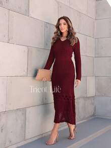 Elegant Women's Midi Knit Dress With Long Sleeves And Lace, Mermaid Style, Ideal For Winter Parties, Shapes The Body. - 勃根地 - 查看 8