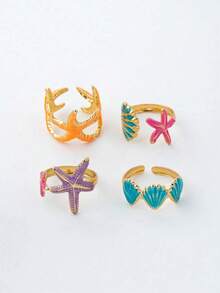 Bộ 4 chiếc nhẫn phong cách Bohemian lấy cảm hứng từ vỏ sò và sao biển, thích hợp cho kỳ nghỉ biển. - Vàng - Xem 6