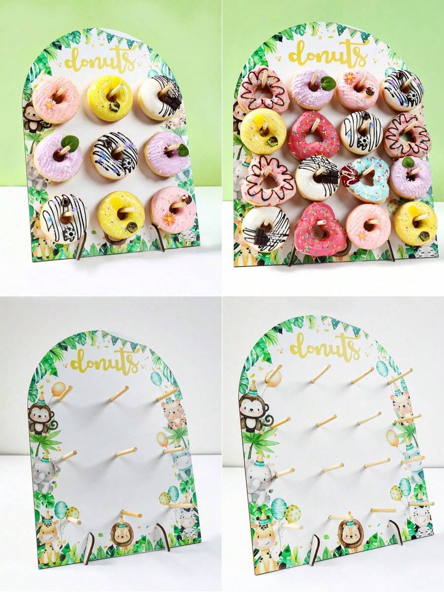 1 Set Wooden Arch Donut Display Stand, Featuring Jungle Animals, Pink Butterflies, Rainbow Unicorns And Mermaids, Suitable For Birthday Party, Wedding Table Decor, Dessert Display, Party & Wedding Centerpiece, Thanksgiving, Christmas Party Kitchen - Multicolor - View 1