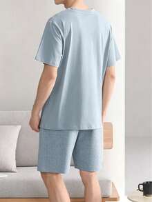 AICJ 2pcs Men's Solid Color Casual Loose Minimalist Pocket Round Neck Short Sleeve Plaid Shorts Pajama Set, Suitable For Spring & Summer - Baby Blue - View 2